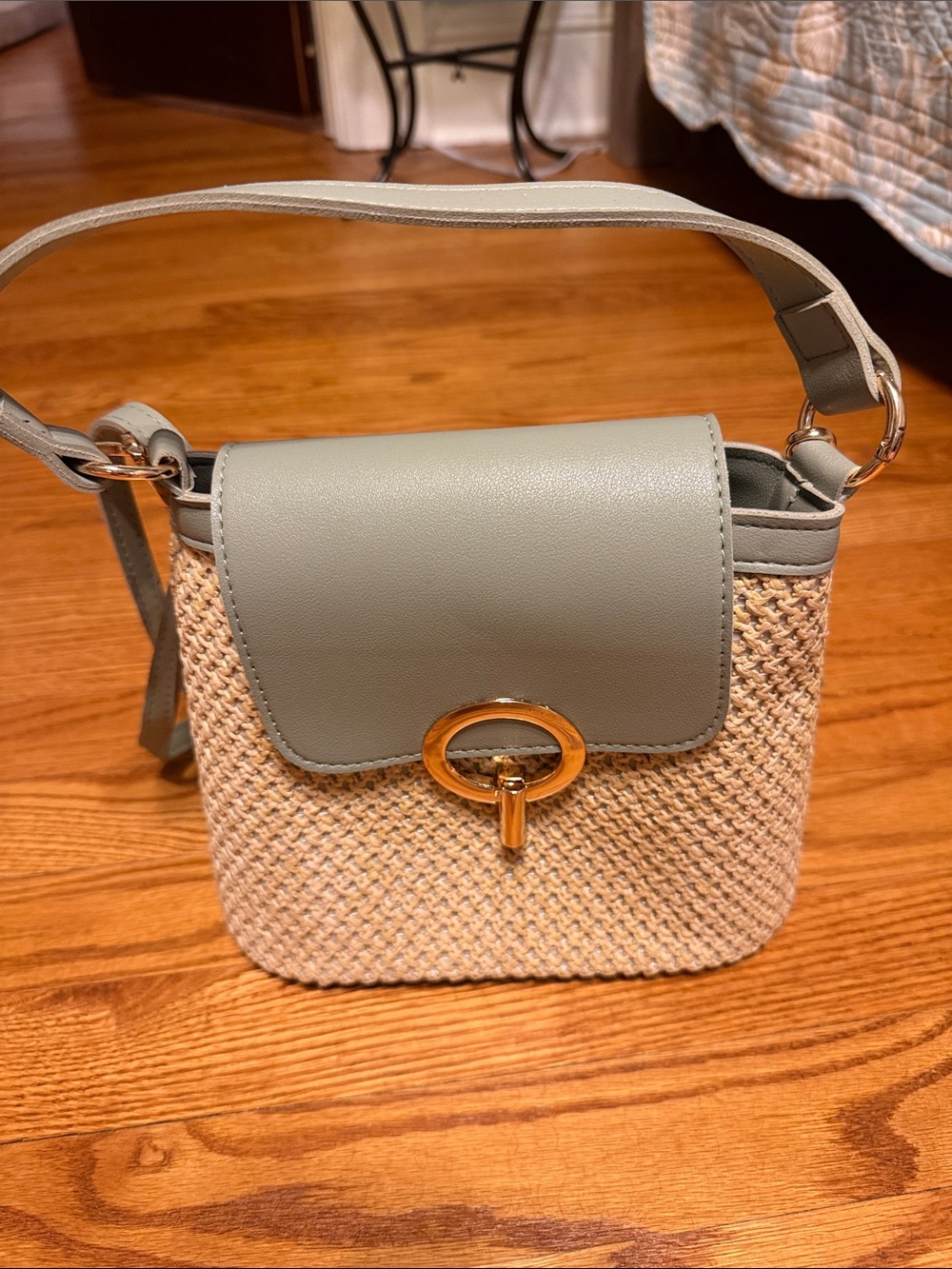 Woven Crossbody Bag with Sage Green Flap and Gold Ring Accent